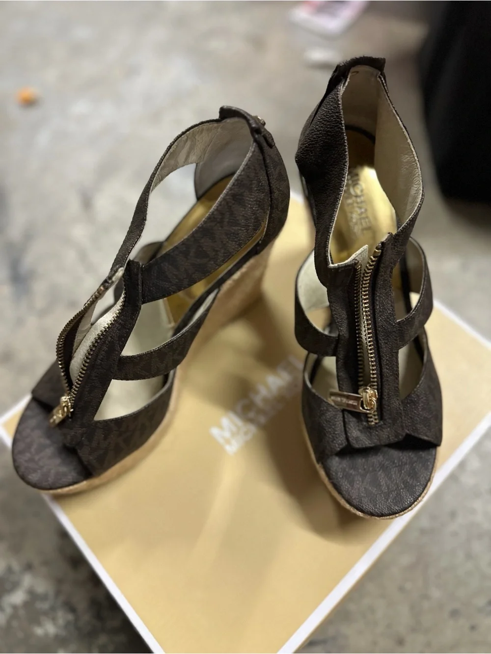 Michael Kors Dark Brown Logo Espadrille Wedge Sandals with Front Zip